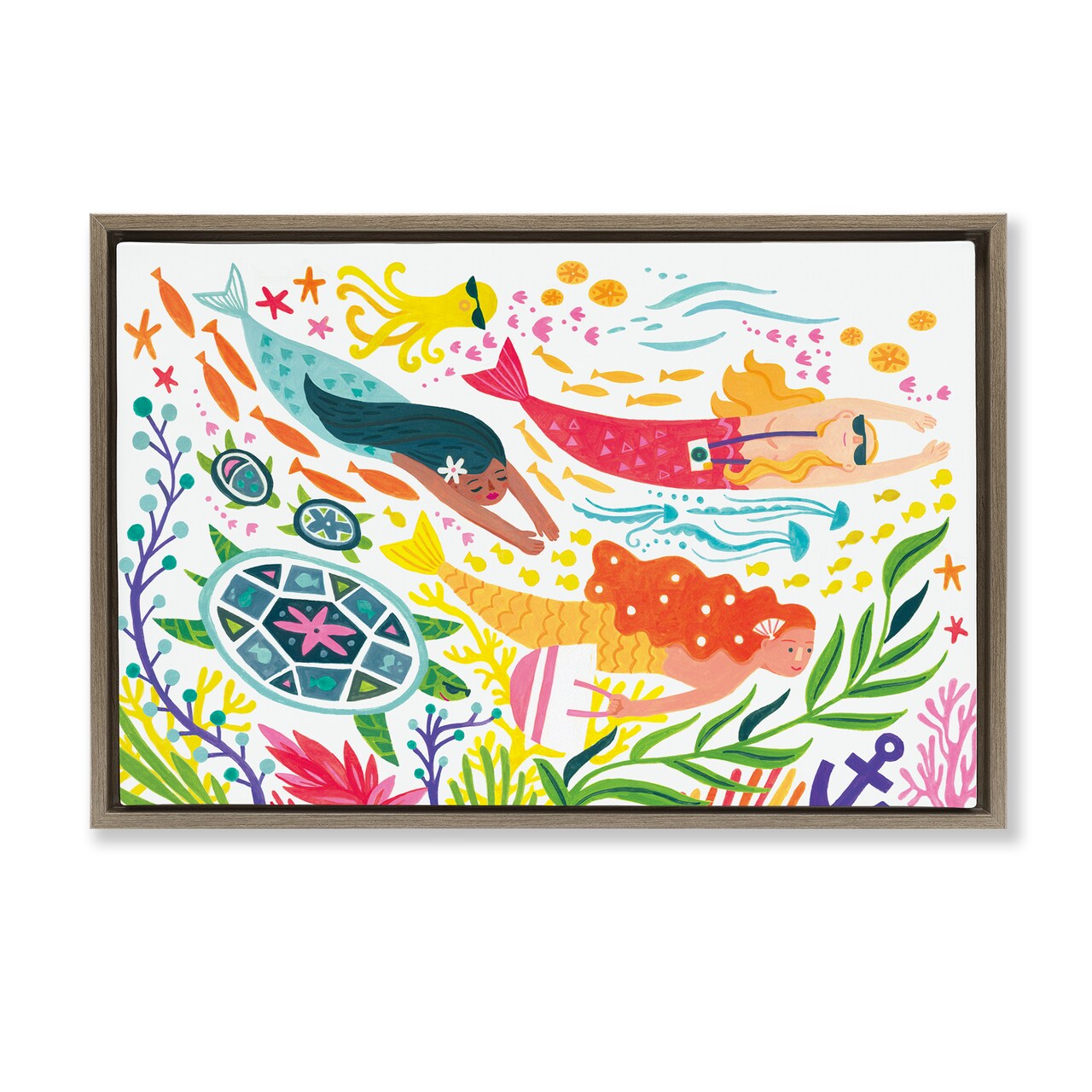 Stupell Industries Underwater Swimming Mermaids Framed Floater Canvas Wall Art Design by Irene Chan